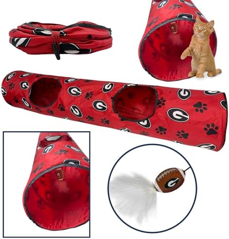 NCAA Georgia Bulldogs Cat Tunnel Tube Toy with Plush Football Catnip and Feathers - Image 2