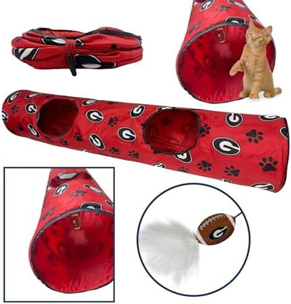 NCAA Georgia Bulldogs Cat Tunnel Tube Toy with Plush Football Catnip and Feathers - Image 2