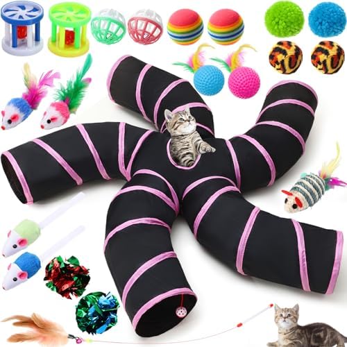 Poen 21 Pcs Cat Tunnel for Indoor Set Collapsible 5 Way Tubes with 20 Pcs Cat Kitten Toys Interactive Feather Toy Mouse Crinkle Balls Tube for Puppy Kitten Rabbit(Pink Black) by Poen
