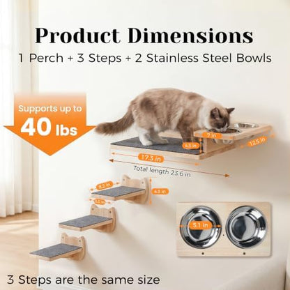 PatiencET Wall Mounted Shelves Cat Feeding Station with 3 Steps and 2 Bowls - Image 3