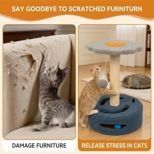 18" Tall Cat Scratching Post with Platform, Replaceable Sisal Pads, Hanging Ball & Interactive Toy, Sturdy Scratcher for Indoor Cats Grey. - Image 2