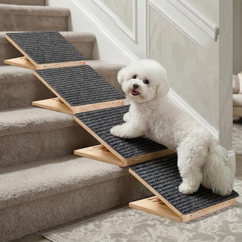 Dog Ramp for Stairs 4 Pack, Adjustable Wooden Stair Wedges for Small Dogs, Foldable Indoor Dog Stair Ramp with Triangular Support and Non-Slip Pads for Senior and Short-Legged Pets by Rayki