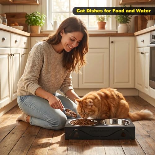 All-Metal Cat Food Bowl Raised, 5.5" WideTilted Whisker-Fatigue Pet Dish, Anti-Vomiting, 2 Stainless Steel Bowls for Food Water, Non-Slip Elevated Cat Feeding Stand for Indoor Multi Cats,Puppy, Black - Image 6