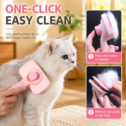 Self-Cleaning Cat Brush for Shedding and Pet Hair Remover Set, Pink - Image 3