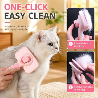 Self-Cleaning Cat Brush for Shedding and Pet Hair Remover Set, Pink - Image 3