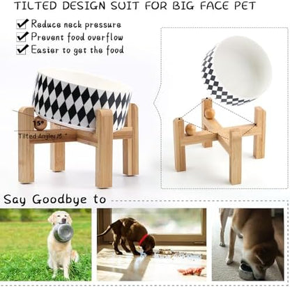 Petygooing Elevated/Raised 15°Slanted Ceramic Dog Bowl for Small and Medium Breeds, Tilted Anti Slip Pet Bowl,Food Water Dish with Stand for Cats and Dogs (28 OZ/3.6 Cups) Black Rhombus - Image 5