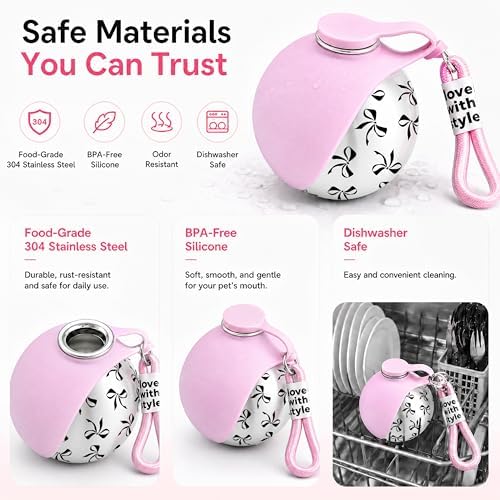 Portable Dog Water Bottle for Walking, 10oz Stainless Steel Pet Water Dispenser with Foldable Silicone Bowl, Leak-Proof Puppy Water Bottle for Small Dogs&Cats,Travel Hiking Outdoor Use(Pink Bow Print) - Image 3