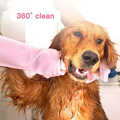WAYUTO Long Sleeve Silicone Grooming Gloves - Cat & Dog Massaging, Hair Removal, Bathing, Shampoo Gloves for Kitchen, Bathroom and Pet Shop Use - Blue - Image 4