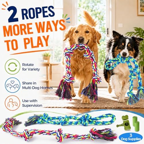 Tough Dog Rope Toys for Aggressive Chewers, Tough Tug of War Dog Toys for Large, Medium & Small Dogs – 5 Pack Including 2 Ropes & 3 Supplies - Image 2