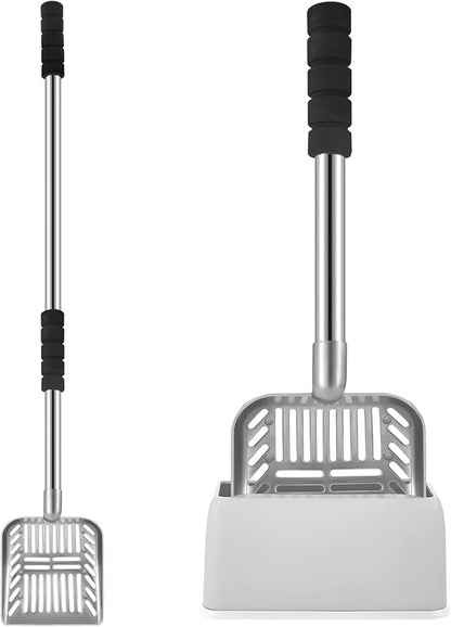 Hortsun 32 Inch Cat Litter Scooper Metal Long Handle with Cat Litter Scoop Holder Deep Kitty Sifter Shovel Detachable Stainless Steel Poop Sifter Scooper Caddy Kitty with Box(Gray)