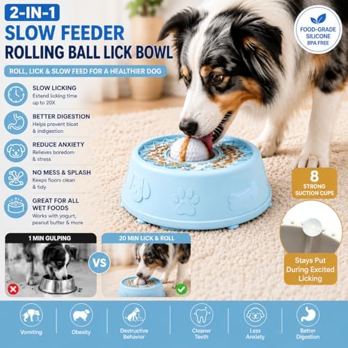 Slow Feeder Dog Bowls，Dog Lick Bowl with Rolling Ball,Interactive Dog Licking Toy & Dog Enrichment Toys, Dog Lick Ball Bowl for Wet Food，Non-Slip Design(Blue) - Image 4
