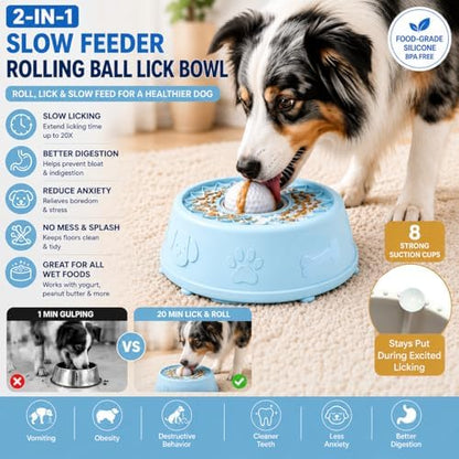 Slow Feeder Dog Bowls，Dog Lick Bowl with Rolling Ball,Interactive Dog Licking Toy & Dog Enrichment Toys, Dog Lick Ball Bowl for Wet Food，Non-Slip Design(Blue) - Image 4