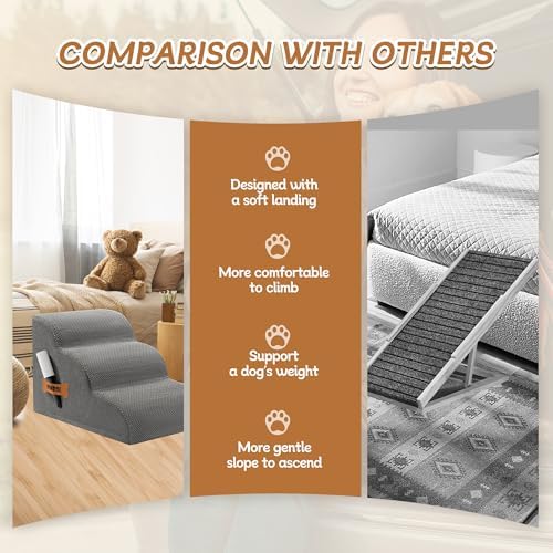Romrol Dog Stairs Ramp for Beds Couches, Extra Wide Pet Steps with Durable Non-Slip Waterproof Fabric Cover, Dog Slope Stairs for Small Dogs and Cats or Pets Friendly, 3-Tiers, 13 Inch,Grey - Image 3