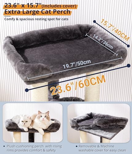Happi N Pets 28" Cat Tree, Large Bed for Big Cats, Small Cat Tower with Soft Perch for Window Viewing, Stable Cat Tree Tower, Cat Scratching Post with Hammock, Removable Cover-Gray - Image 4