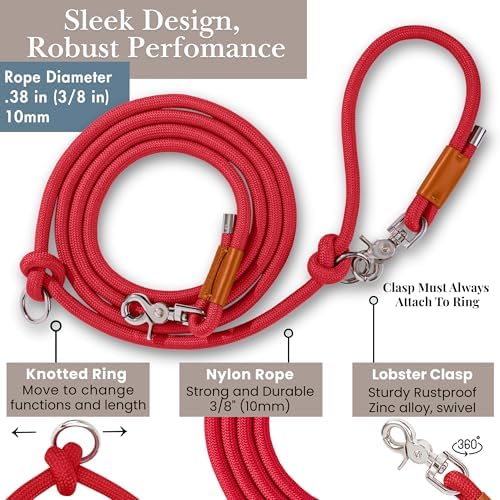 Hands Free Dog Leash, Waist Leash for Dog Walking, Crossbody, Multifunctional, Red Dog Lead, Running, 2 Dogs, Dual Handle, Dog Training, Adjustable Lead 4.3ft - 7.5ft, 3/8" (10mm) Diameter. - Image 2
