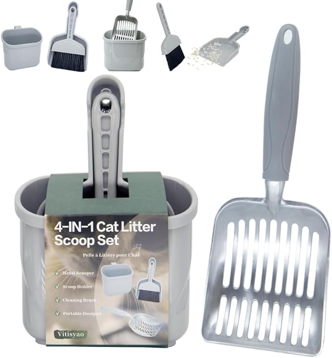 4-in-1 Cat Litter Scoop with Holder, Cat Litter Box Organizer Cleanup Kit - Sweeper & Dustpan, Aluminum Kitty Litter Scooper and Storage Caddy (Gray)