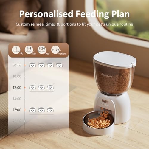 5L/21 Cup Automatic Cat Feeder, Timed Cat Food Dispenser, Automatic Pet Feeders Up to 6 Meals 1-20 Portion, Dual Power Supply Cats Feeder with Stainless Steel, Pet Dry Food Dispenser for Cats & Puppy - Image 2