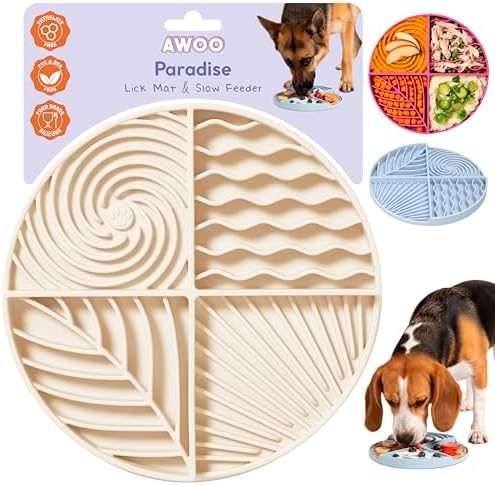 Awoo Paradise - Dog Lick Mat for Slow Feeding & Anxiety - Non-Slip Silicone Slow Feeder with Suction Cups - Dishwasher Safe Pet Dish for Grooming, Training, and Boredom Relief (Almond) by AwooPetEssentials