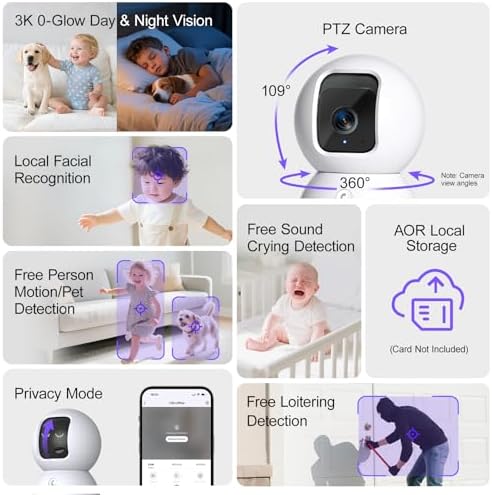 5G Security Camera Indoor 2-Pack, No-Monthly-Fee AI Tracking Facial Recognition, 3K Pet/Dog Camera with Speaker/Phone App, PTZ WiFi Baby Monitor Cameras for Home Security, 0-Glow Night Vision - Image 4
