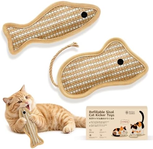 Refillable Catnip Kicker Toys, Sisal Fish & Mouse with Catnip & Silvervine Gall Fruit, Durable Interactive Cat Toy for Indoor Cats, 2-Pack by PetZenGarden