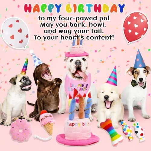 lilfrd 9Pcs Pink Dog Birthday Toy Set, Squeaky Hat Bandana Gift for Dogs - Image 2