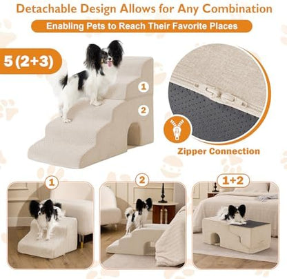 Ahpmeoa Dog Stairs for Bed 23'' H, 5-Step Dog Steps for High Bed, Beige - Image 2