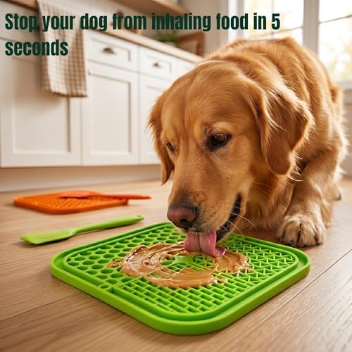 Dog Lick Mat 2-Pack (Orange & Green) with Spatulas – Silicone Licking Pads for Dogs & Cats, Peanut Butter Slow Feeder, Strong Suction, Anxiety Relief for Bath & Grooming, Dishwasher-Safe - Image 2