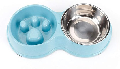 Slow Feeder Dog cat Double Bowl Stainless Steel and Anti-Choking Blue