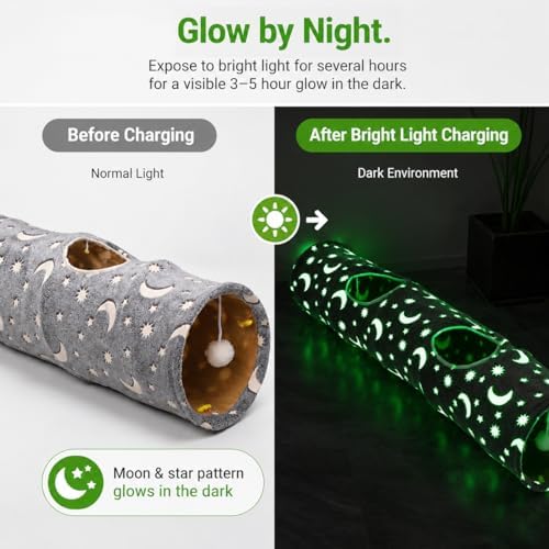 Cat Tunnel Tube with Plush Ball Toys Collapsible Self-Luminous Photoluminescence, for Small Animals Pets Bunny Rabbits, Kittens, Ferrets,Puppy and Dogs Grey Moon Star - Image 2