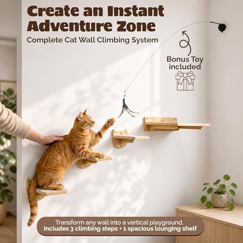 Snuggle & Play Cat Wall Shelves & Climbing System – Modern Furniture Set with 3 Steps & Perch for Indoor Cats, Includes Wand Toy - Image 2