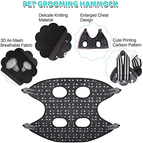 Pet Grooming Hammock Harness with Nail Clippers/Trimmer, Nail File, Comb, Cute Printed Breathable Cats & Dogs Hammock Sling for Grooming (XL, Black) - Image 6