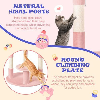 Allewie 55.5 in Cat Tree for Indoor Kitties/Soft Plush Perches/Multi-Level Cat Tower/Sisal Scratching Posts/Crescent Plates/Round Jumping Board/Hanging Ball/Pet Activity Center/Pink - Image 5