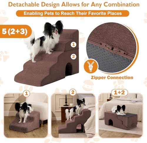Ahpmeoa Dog Stairs for Bed 23'' H, 5-Step Dog Steps for High Bed, Brown - Image 2