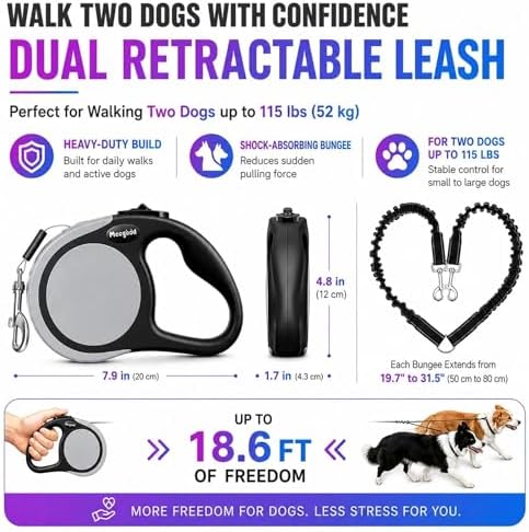 Double Retractable Dog Leash for Two Dogs Up to 115 lbs - 18.6 ft Coupler Leashes for Small Medium Dogs - One Locked System, Non Slip Grip, Tangle Free - Image 2