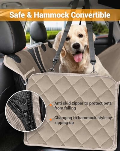Dog Car Seat Cover, 600D Heavy Dute Car Seat Cover for Dogs Pets, 100% Waterproof Anti-Scratch Nonslip Dog Hammock for Cars, Seat Covers Protector with SeatBelt for Sedan SUV Truck Standard Khaki - Image 4