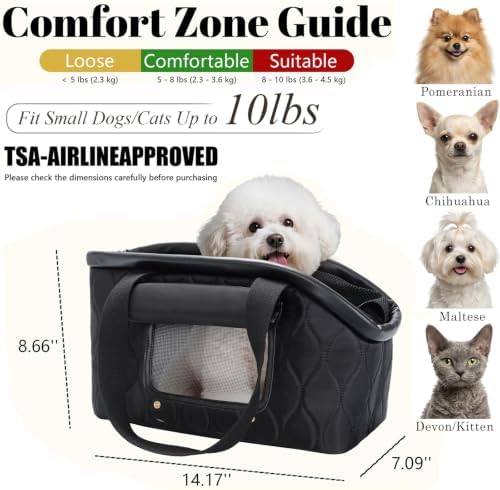 Luxury Dog Purse Carrier for Small Dogs Cats, TSA Airline Approved Puppy Kitten Carrier Soft-Sided Travel Tote Bag Up to 10 lbs (Black, 14.17'' L x 7.09''W x 8.66''H) - Image 2