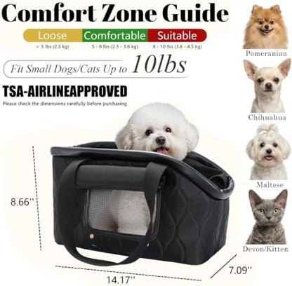 Luxury Dog Purse Carrier for Small Dogs Cats, TSA Airline Approved Puppy Kitten Carrier Soft-Sided Travel Tote Bag Up to 10 lbs (Black, 14.17'' L x 7.09''W x 8.66''H) - Image 2