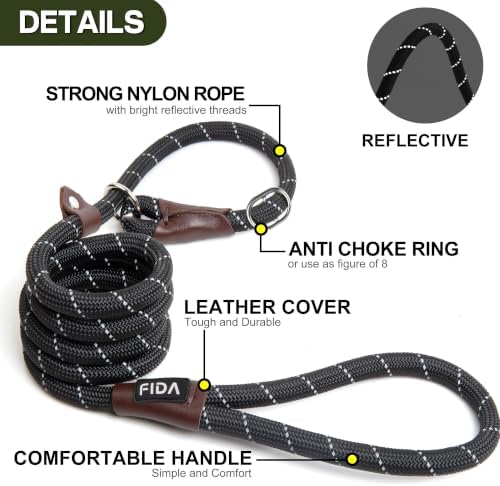 Fida Durable Slip Lead Dog Leash, 6 FT x 3/8" Dog Training Leash, Black - Image 6