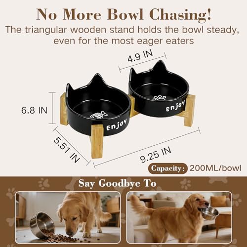 Ceramic Dog and Cat Bowl Set with Wooden Stand Elevated Non-Slip Weighted Anti-Spill Matte Finish for Cats Kittens Small Dogs-Black Cat Ear-6.76 OZ - Image 3