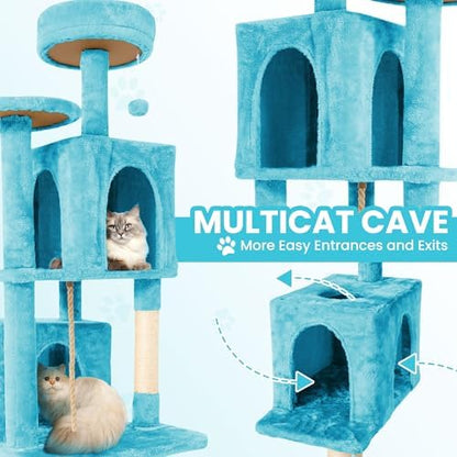 57inch Large Cat Tree Tower Condo for Indoor Cats, Soft Plush Multi-Level Climbing Tree Cat House with Cat Cave, Scratching Post, More Entrance/Exit, Sisal Rope, Light Blue - Image 3