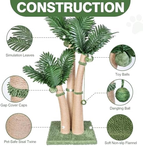 40'' Tall Cat Scratching Post Cat Tree, 3 Curved Design Palm Tree Cat Scratching Post with 8 Interactive Balls, Natural Sisal Rope Cat Scratchers for Indoor Cats, Multi-Combinable (Style D) - Image 2