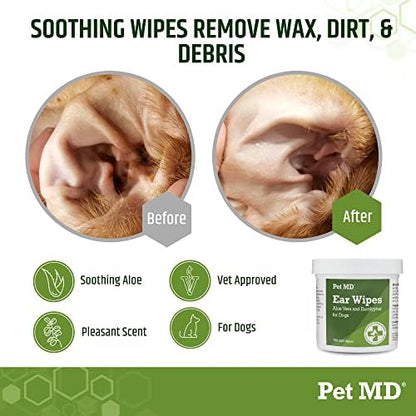 Pet MD Dog Ear Cleaning Wipes with Aloe and Eucalyptus + Veterinary Tris Flush Cat & Dog Ear Cleaner - Image 3