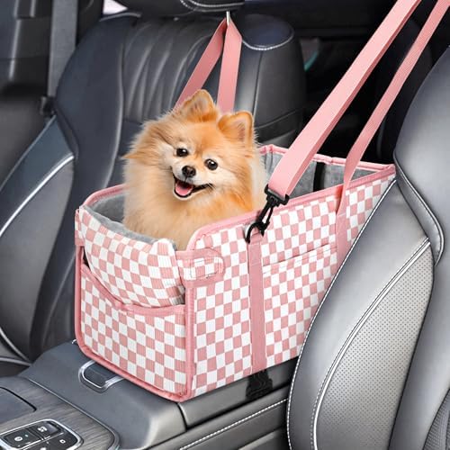 Console Dog Car Seat for Small Dogs, Foldable Booster Seat, Pink Checkered by NECKORY