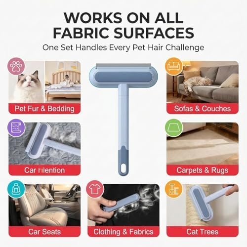 Pet Hair Remover Set, 3-in-1 Pet Hair Remover Brush with Built-in Detail Brush & Long Handle, Magic Pet Hair Removal Glove, Multi-Surface Pet Hair Remover for Home & Car & Furniture - Image 4