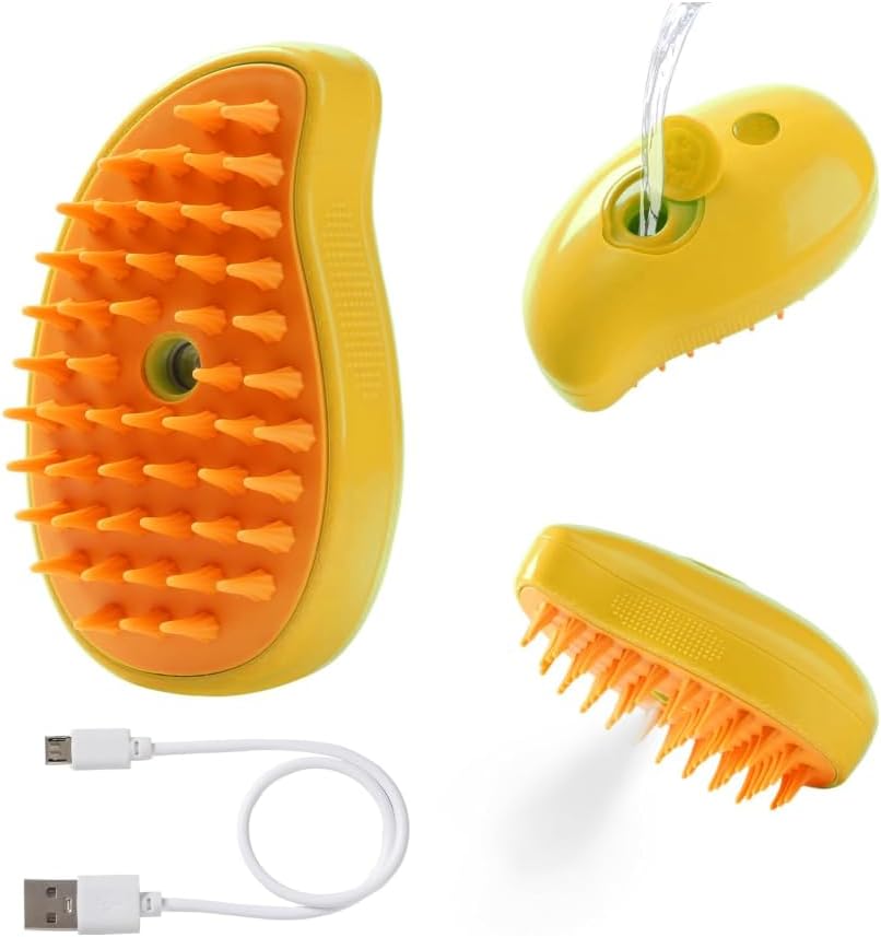3-in-1 Steam Pet Brush for Cats & Dogs – Self-Cleaning Spray Comb for Grooming, Shedding & Massaging – Quiet Rechargeable Electric Steamer Hair Remover with Mist – Indoor Spa Tool (Yellow) by Hoobest