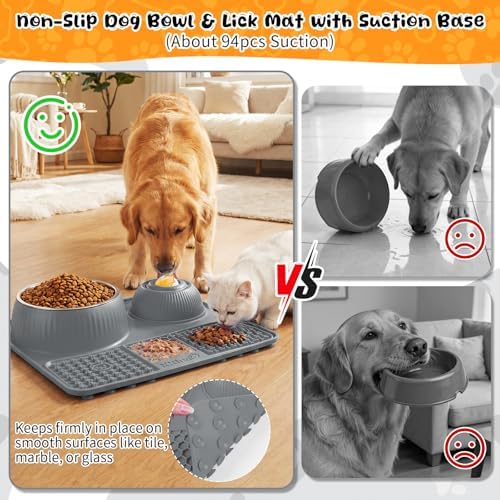 Slow Feeder Dog Bowl with Lick Mat & Interactive Rolling Ball, Stainless Steel Pet Feeding Station with Non-Slip Stable Grip Base for Wet Food, Dry Kibble (Light Gray) - Image 6