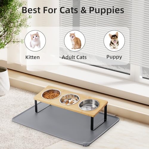 Upgraded Elevated Cat Bowls with Food Mat,15°Tilted Stand Anti Vomiting Raised Cat Dishes for Food and Water,3 Stainless Steel Bowls for Cats and Puppy - Image 6