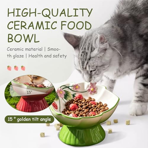 Ceramic Strawberry Elevated Cat Bowls, Tilted Raised Pet Dish for Anti Vomit, Spine Protection, Whisker Friendly - Excellent Raised Food and Water Bowl for Indoor Cats, Flat-Faced Cats (Green) - Image 4