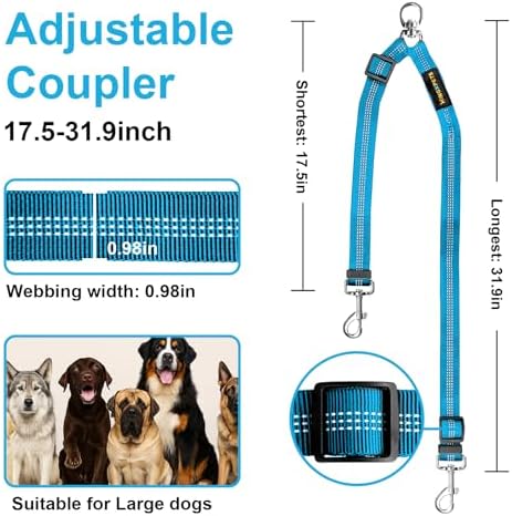 MingXpet Double Dog Leash for Two Dogs, No Pull Dog Leash, 360° Swivel No Tangle for Large Dogs Walking & Training, Shock Absorbing Reflective Bungee, Blue - Image 2