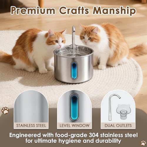 Stainless Steel Cat Water Fountain, 74oz/2.2L Automatic Pet Water Dispenser with 3 Filters & 2 Water Outlets, Quiet Indoor Drinking Fountain for Cats Small Dogs, Water Level Window - Image 2
